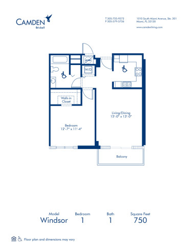 Blueprint of Windsor Floor Plan, 1 Bedroom and 1 Bathroom at Camden Brickell Apartments in Miami, FL