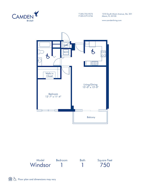Blueprint of Windsor Floor Plan, 1 Bedroom and 1 Bathroom at Camden Brickell Apartments in Miami, FL