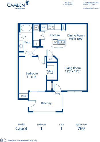 Blueprint of Cabot Floor Plan, 1 Bedroom and 1 Bathroom at Camden Northpointe Apartments in Tomball, TX