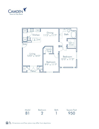 Blueprint of B1 Floor Plan, 2 Bedrooms and 1 Bathroom at Camden Sierra at Otay Ranch Apartments in Chula Vista, CA