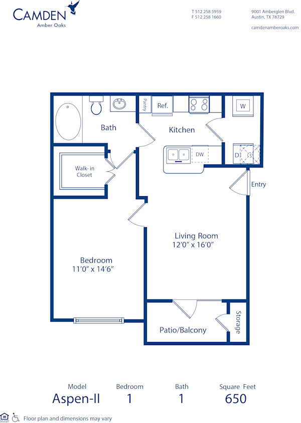 Blueprint of Aspen - II Floor Plan, 1 Bedroom and 1 Bathroom at Camden Amber Oaks II Apartments in Austin, TX