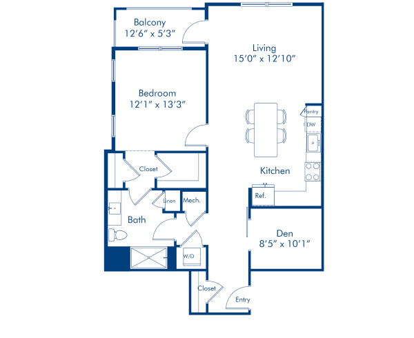 Blueprint of the A2 One Bedroom, One Bathroom Floor Plan at Camden Carolinian Apartments in Raleigh, NC