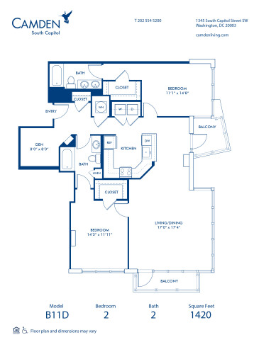 Blueprint of B11D Floor Plan, 2 Bedrooms and 2 Bathrooms at Camden South Capitol Apartments in Washington, DC