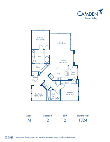 Blueprint of M Floor Plan, 2 Bedrooms and 2 Bathrooms at Camden Crown Valley Apartments in Mission Viejo, CA