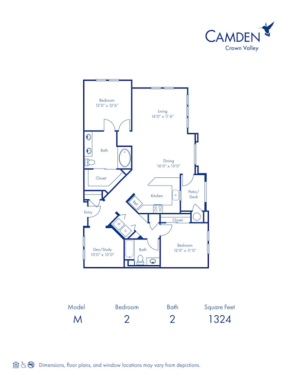 Blueprint of M Floor Plan, 2 Bedrooms and 2 Bathrooms at Camden Crown Valley Apartments in Mission Viejo, CA