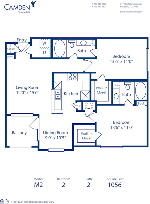 Blueprint of M2 Floor Plan, 2 Bedrooms and 2 Bathrooms at Camden Vanderbilt Apartments in Houston, TX