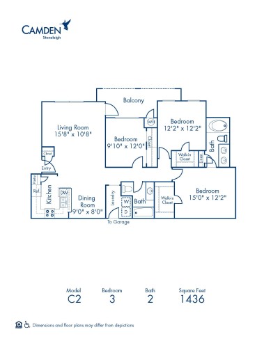 Blueprint of C2 Floor Plan, 3 Bedrooms and 2 Bathrooms at Camden Stoneleigh Apartments in Austin, TX