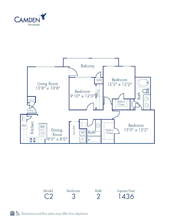 Blueprint of C2 Floor Plan, 3 Bedrooms and 2 Bathrooms at Camden Stoneleigh Apartments in Austin, TX