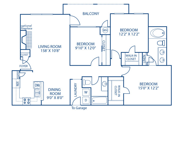 Blueprint of C2 Floor Plan, 3 Bedrooms and 2 Bathrooms at Camden Stoneleigh Apartments in Austin, TX