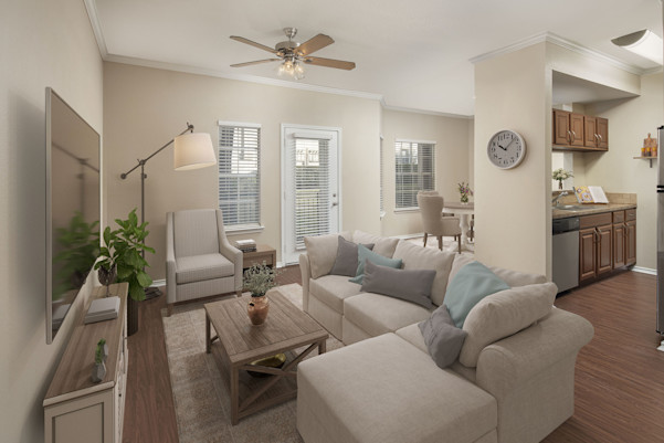 First-floor living room with wood-style flooring throughout and a private patio at Camden Legacy Creek
