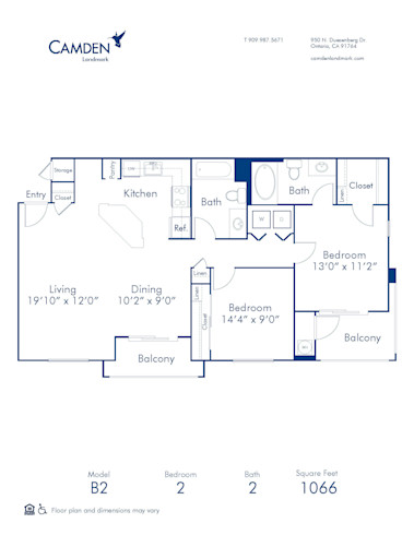 B2 Floor Plan, Apartment Home with 2 Bedrooms and 2 Bathrooms at Camden Landmark in Ontario, CA