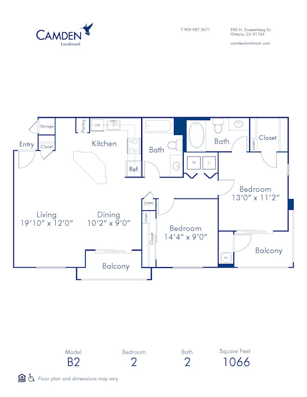 B2 Floor Plan, Apartment Home with 2 Bedrooms and 2 Bathrooms at Camden Landmark in Ontario, CA