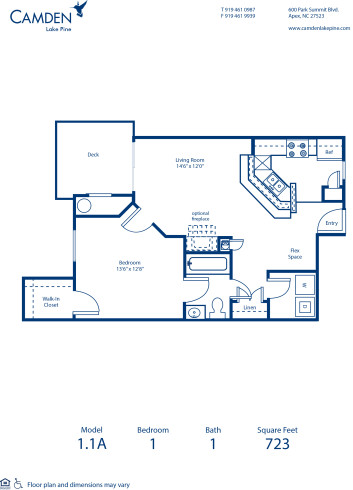 Blueprint of 1.1A Floor Plan, 1 Bedroom and 1 Bathroom at Camden Lake Pine Apartments in Apex, NC
