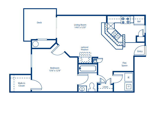 Blueprint of 1.1A Floor Plan, 1 Bedroom and 1 Bathroom at Camden Lake Pine Apartments in Apex, NC