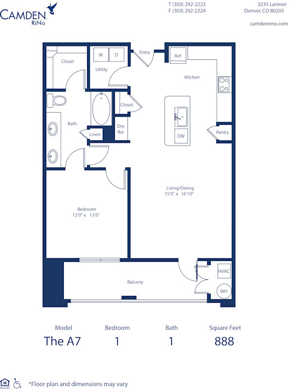 Camden Rino apartments in Denver one bedroom floor plan diagram, The A7