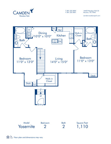 Blueprint of Yosemite Floor Plan, 2 Bedrooms and 2 Bathrooms at Camden Woodson Park Apartments in Houston, TX