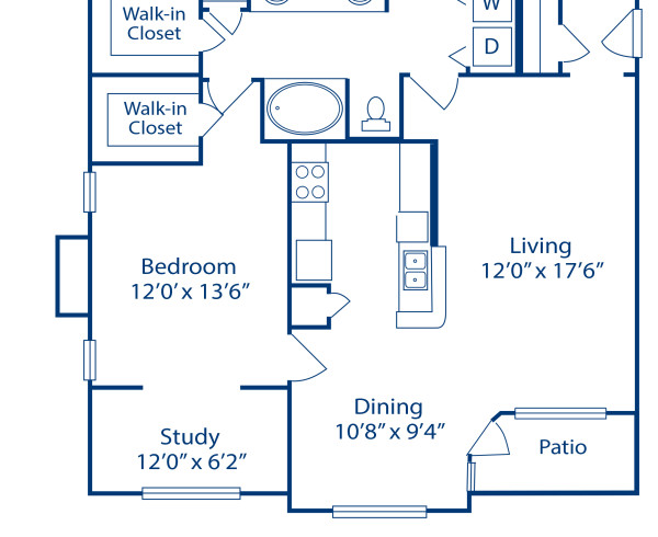 Blueprint of D1 Floor Plan, 1 Bedroom and 1 Bathroom at Camden Farmers Market Apartments in Dallas, TX