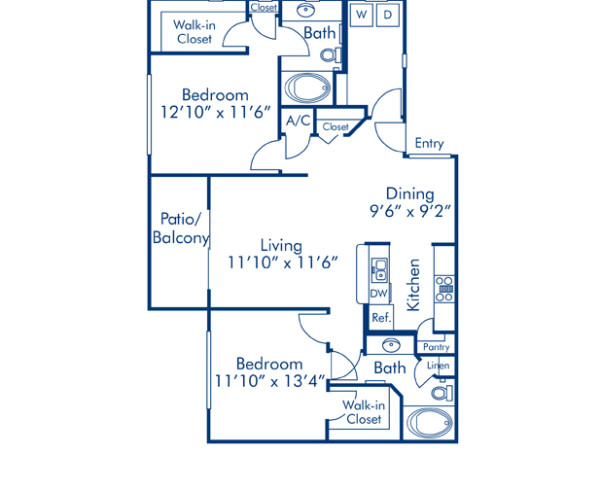 Blueprint of B2 Floor Plan, 2 Bedrooms and 2 Bathrooms at Camden Legacy Apartments in Scottsdale, AZ