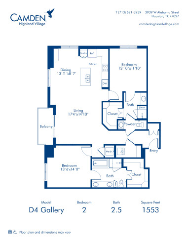 Camden Highland Village apartments in Houston, TX Gallery two bedroom floor plan D4