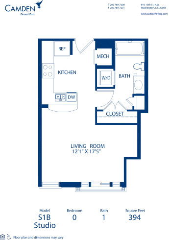 Blueprint of S1B Floor Plan, Studio with 1 Bathroom at Camden Grand Parc Apartments in Washington, DC