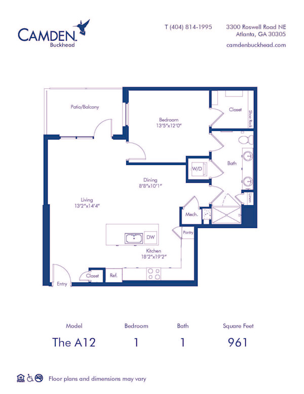 Camden Buckhead apartments Atlanta, Georgia 1 bedroom, 1 bath, floor plan A12