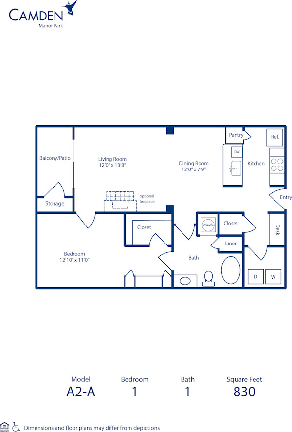 Blueprint of A2-A Floor Plan, 1 Bedroom and 1 Bathroom at Camden Manor Park Apartments in Raleigh, NC