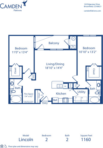 Blueprint of Lincoln Floor Plan, 2 Bedrooms and 2 Bathrooms at Camden Flatirons Apartments in Broomfield, CO
