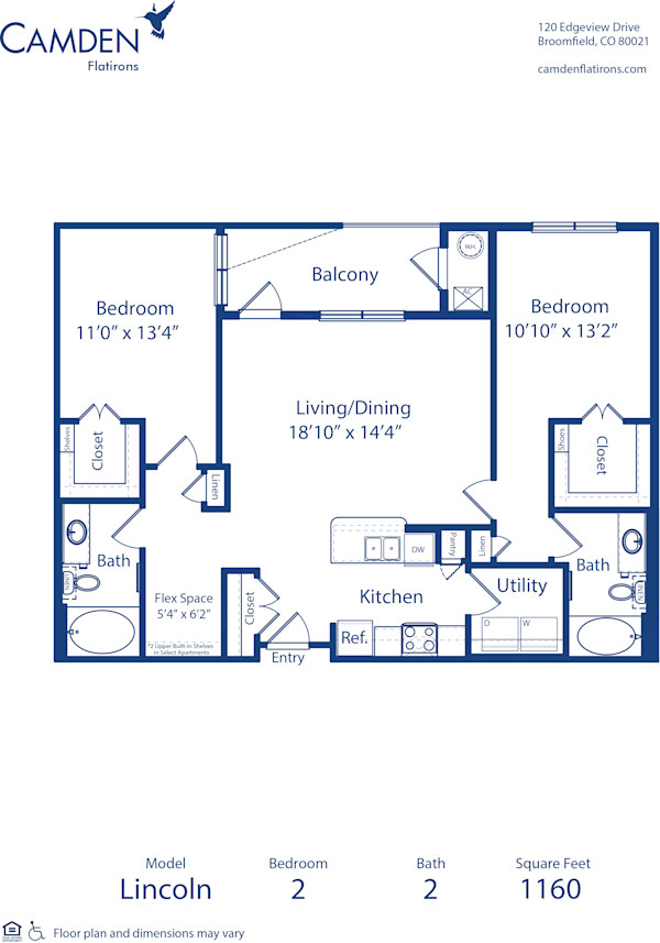 Blueprint of Lincoln Floor Plan, 2 Bedrooms and 2 Bathrooms at Camden Flatirons Apartments in Broomfield, CO