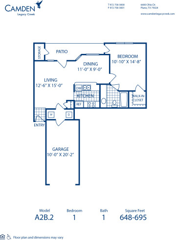 Blueprint of A2B.2 Floor Plan, 1 Bedroom and 1 Bathroom at Camden Legacy Creek Apartments in Plano, TX