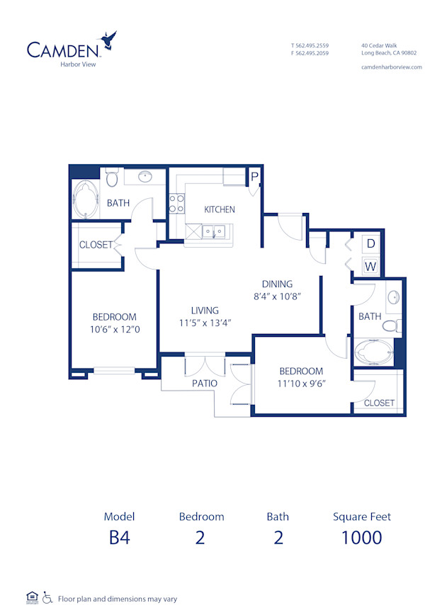 Blueprint of B4 Floor Plan, 2 Bedrooms and 2 Bathrooms at Camden Harbor View Apartments in Long Beach, CA