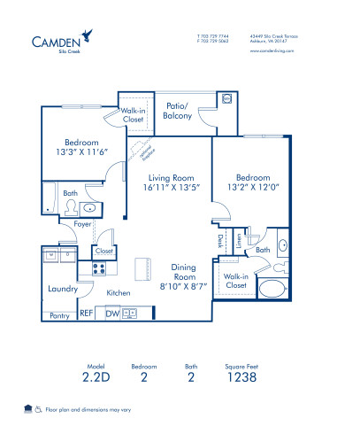 Blueprint of 2.2D Floor Plan, 2 Bedrooms and 2 Bathrooms at Camden Silo Creek Apartments in Ashburn, VA