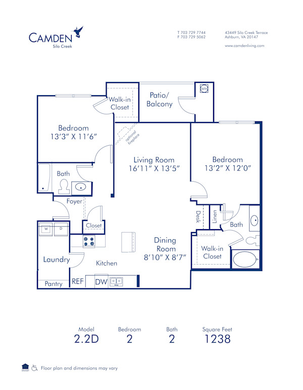 Blueprint of 2.2D Floor Plan, 2 Bedrooms and 2 Bathrooms at Camden Silo Creek Apartments in Ashburn, VA