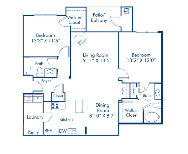 Blueprint of 2.2D Floor Plan, 2 Bedrooms and 2 Bathrooms at Camden Silo Creek Apartments in Ashburn, VA