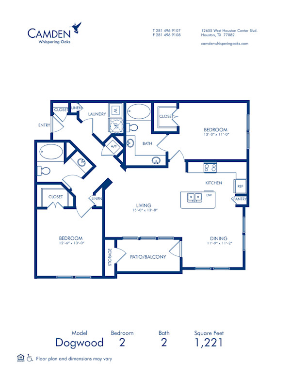 Blueprint of Dogwood Floor Plan, 2 Bedrooms and 2 Bathrooms at Camden Whispering Oaks Apartments in Houston, TX