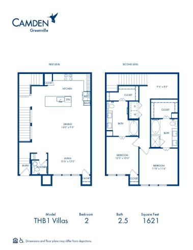 Camden Greenville apartments in Dallas, TX two bedroom, two and a half bathroom floor plan THB1 Villas