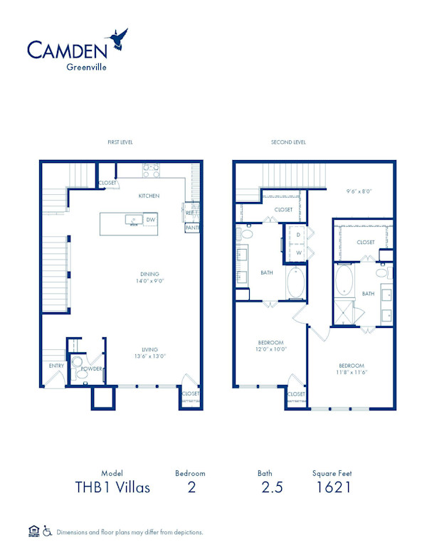 Camden Greenville apartments in Dallas, TX two bedroom, two and a half bathroom floor plan THB1 Villas