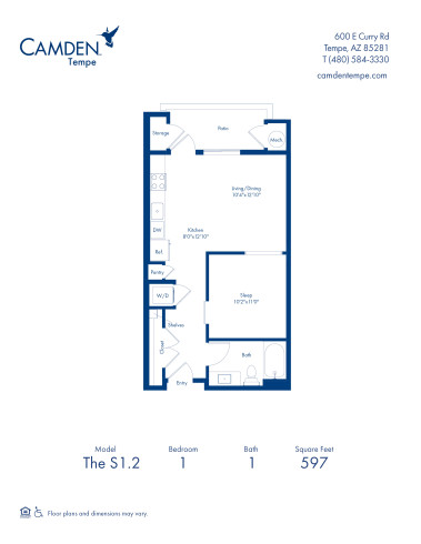 Camden Tempe apartments in Tempe, Arizona, studio floor plan S1.2
