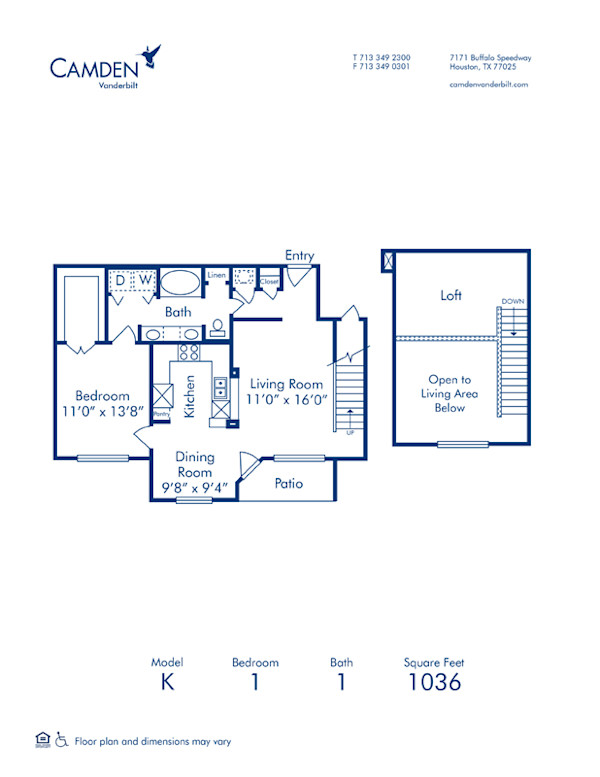 Blueprint of K Floor Plan, 1 Bedroom and 1 Bathroom at Camden Vanderbilt Apartments in Houston, TX