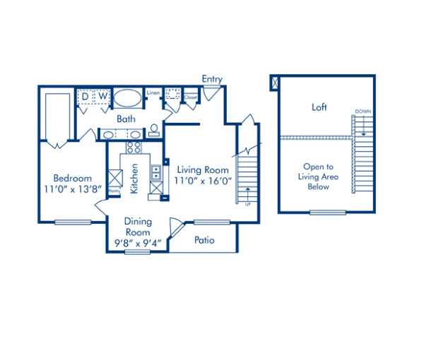 Blueprint of K Floor Plan, 1 Bedroom and 1 Bathroom at Camden Vanderbilt Apartments in Houston, TX