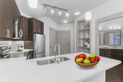 Kitchen with quartz countertop and glass cooktop at Camden Southline