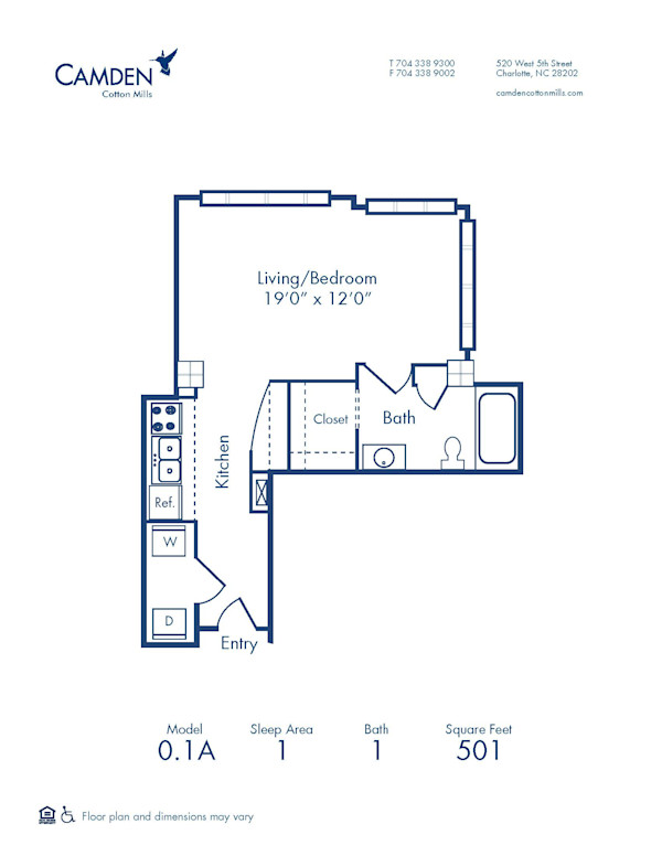 Blueprint of 0.1A Floor Plan, Studio with 1 Bathroom at Camden Cotton Mills Apartments in Charlotte, NC
