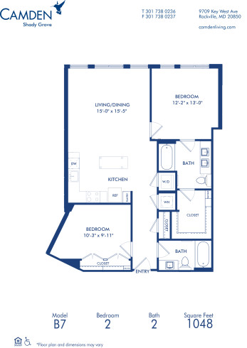 Blueprint of B7 Floor Plan, 2 Bedrooms and 2 Bathrooms at Camden Shady Grove Apartments in Rockville, MD