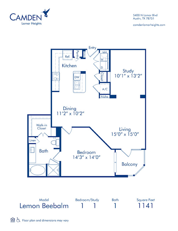 Blueprint of Lemon Beebalm Floor Plan, 1 Bedroom and 1 Bathroom at Camden Lamar Heights Apartments in Austin, TX