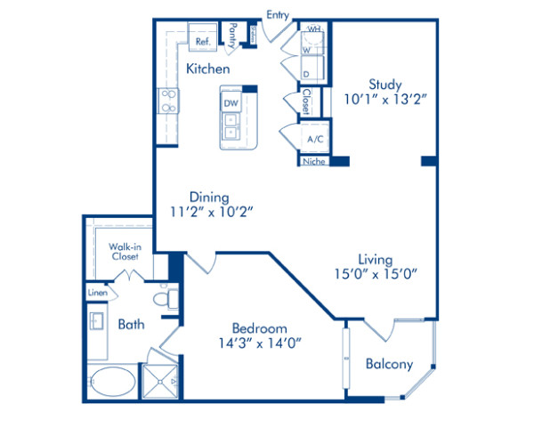Blueprint of Lemon Beebalm Floor Plan, 1 Bedroom and 1 Bathroom at Camden Lamar Heights Apartments in Austin, TX