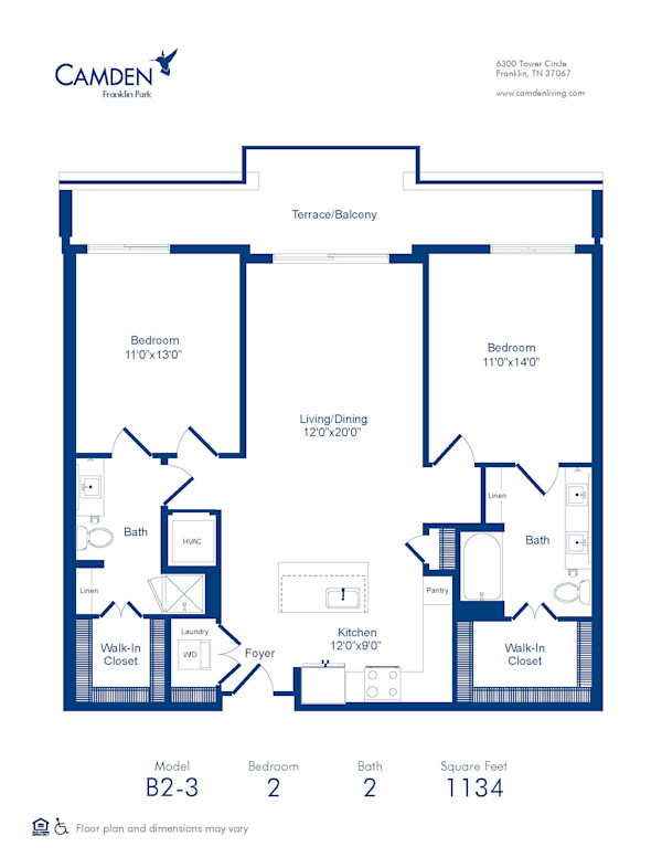 Camden Franklin Park apartments two bedroom floor plan B2-3