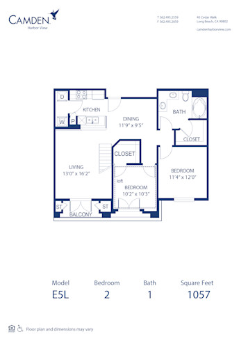 Blueprint of E5L Floor Plan, 2 Bedrooms and 1 Bathroom at Camden Harbor View Apartments in Long Beach, CA