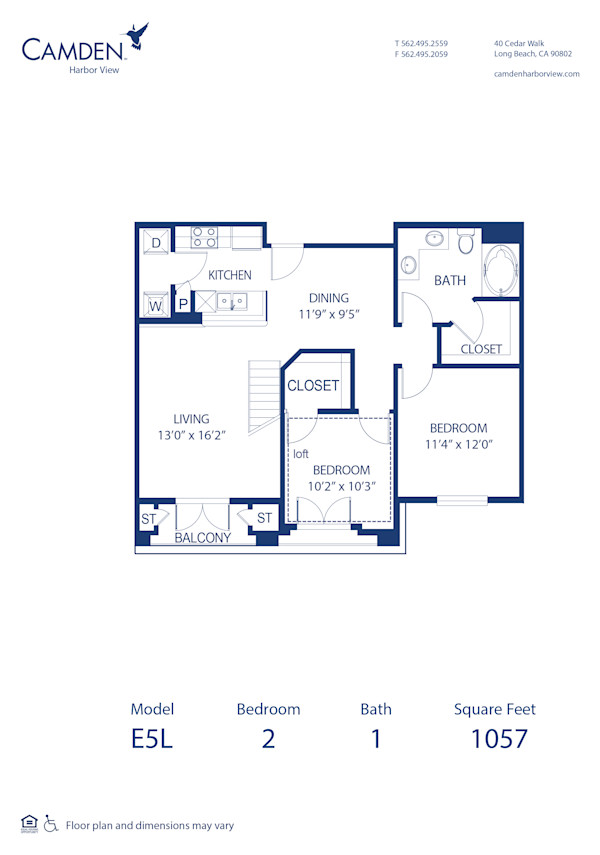 Blueprint of E5L Floor Plan, 2 Bedrooms and 1 Bathroom at Camden Harbor View Apartments in Long Beach, CA