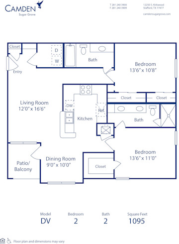 Blueprint of DV Floor Plan, 2 Bedrooms and 2 Bathrooms at Camden Sugar Grove Apartments in Stafford, TX