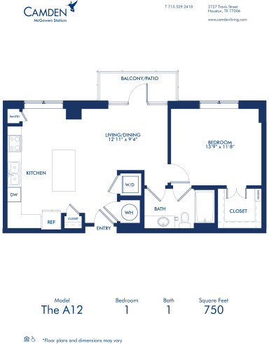 Blueprint of A12 Floor Plan at Camden McGowen Station One Bedroom Apartments in Midtown Houston