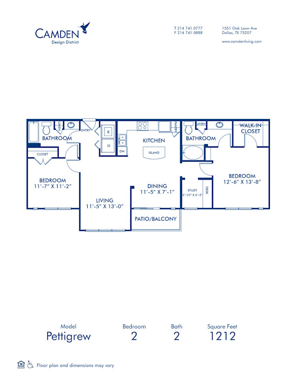 Blueprint of Pettigrew Floor Plan, 2 Bedrooms and 2 Bathrooms at Camden Design District Apartments in Dallas, TX